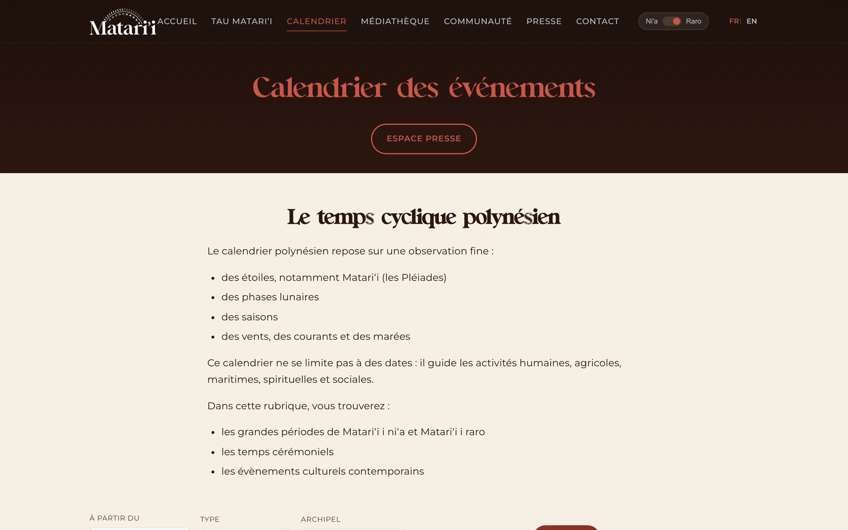 Page Calendrier — matarii.pf
