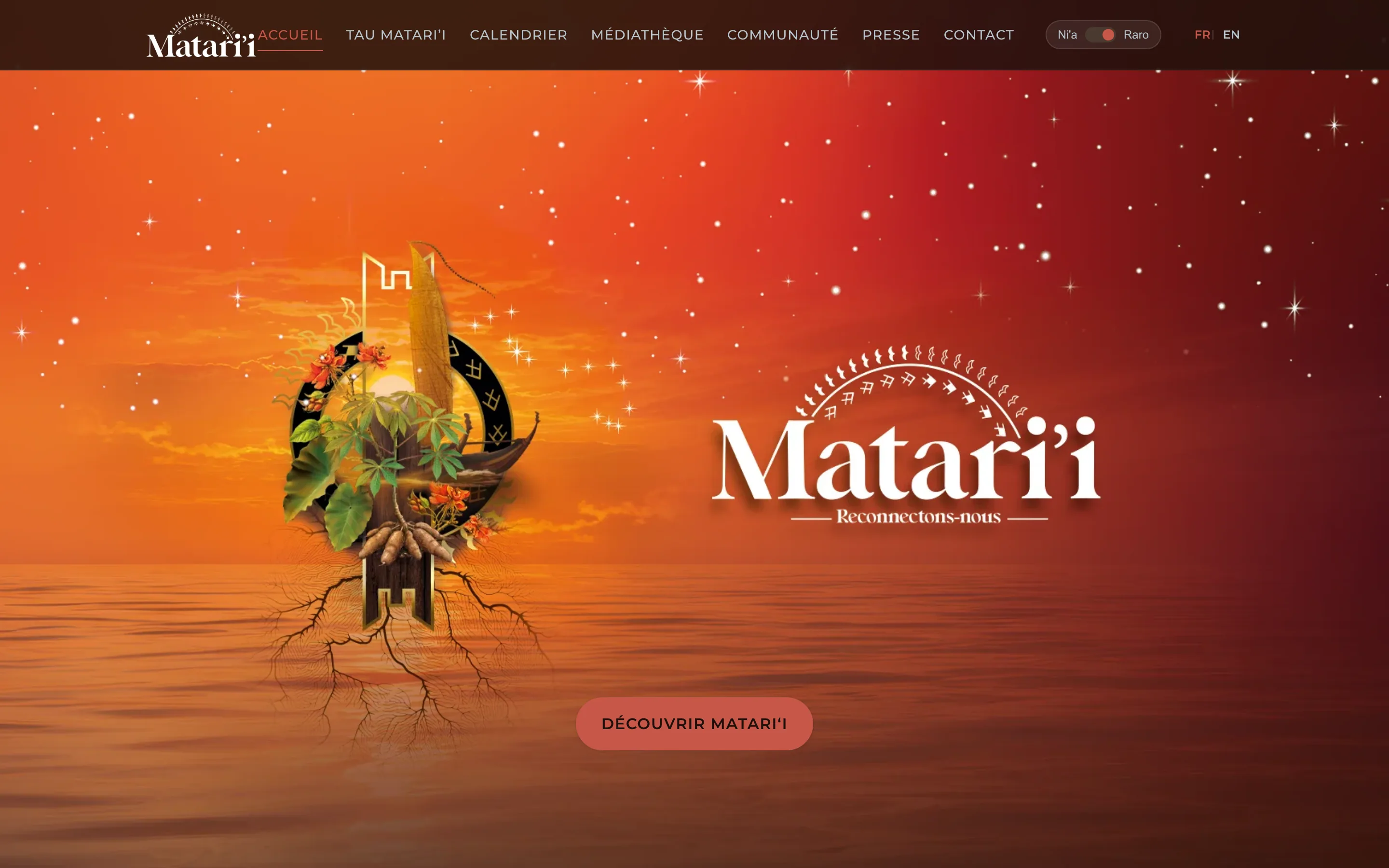 Page d'accueil de matarii.pf en saison Raro — design culturel polynésien