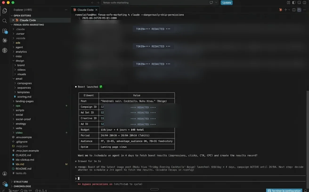 Claude Code agent in execution — running an FB Ads campaign for Fenua Sofa, sensitive data redacted