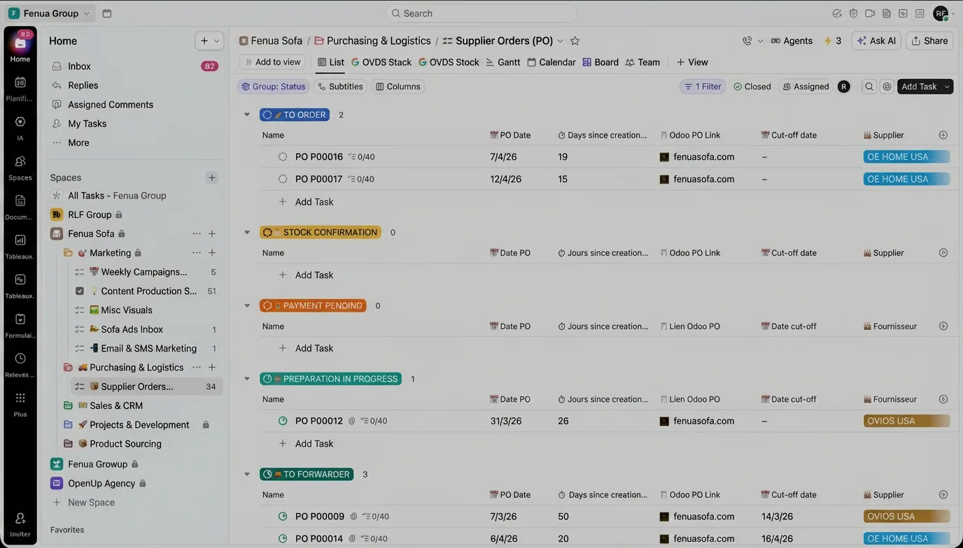 ClickUp Fenua Sofa view — supplier orders kanban synced with Odoo in real time