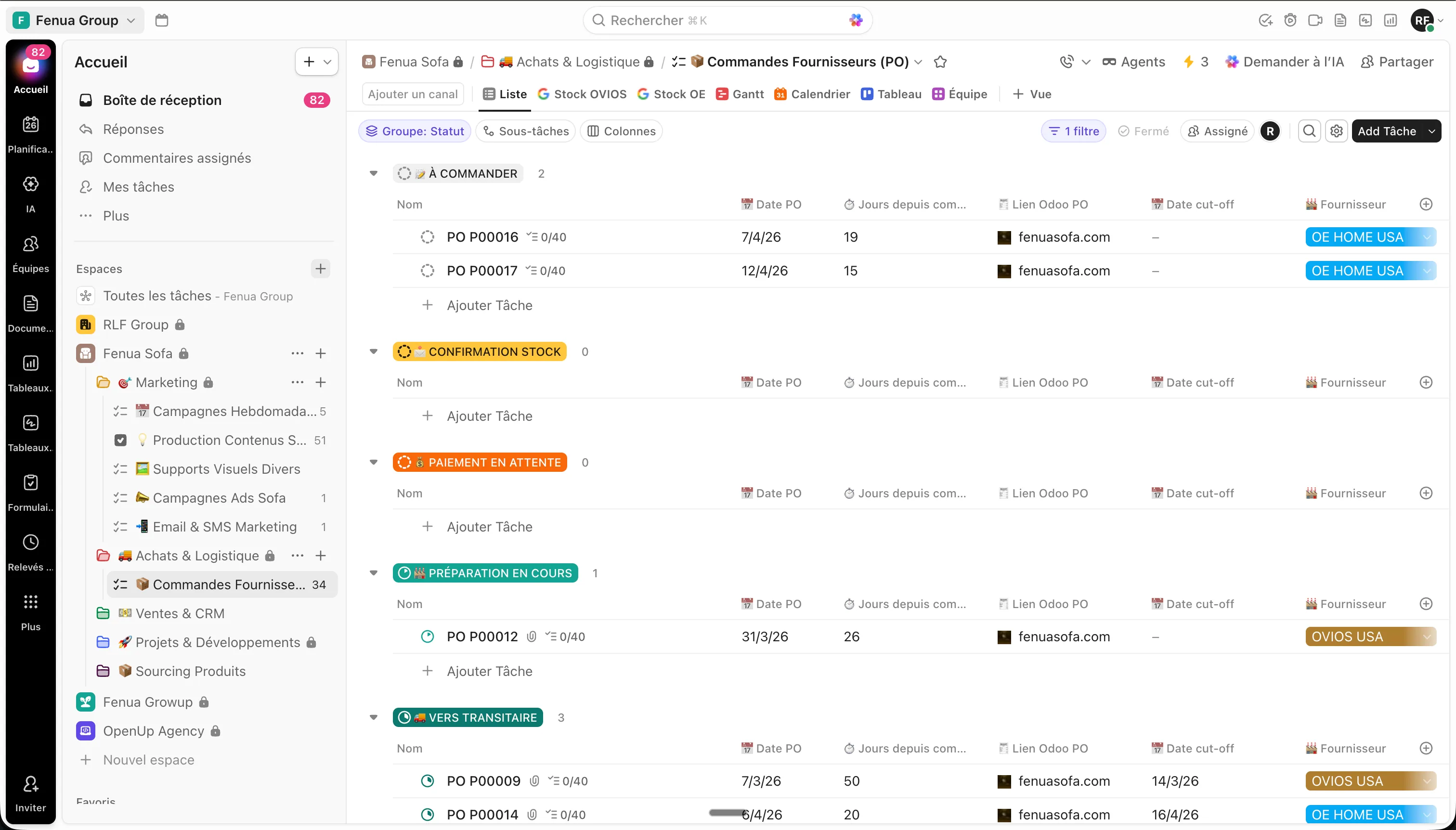 Vue ClickUp Fenua Sofa — kanban des commandes fournisseurs synchronisé avec Odoo en temps réel