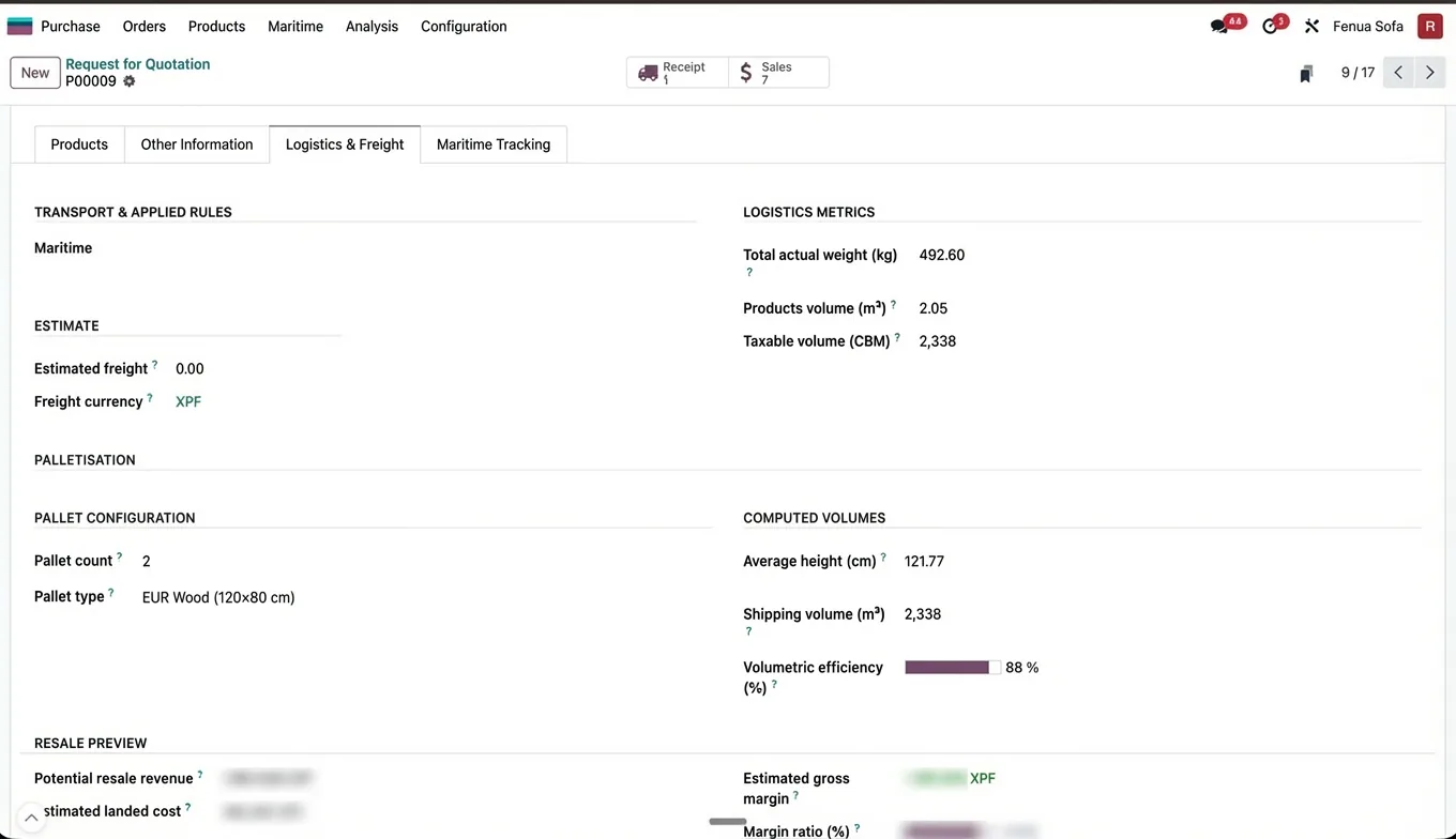 Odoo v17 Purchase module — logistics management, palletisation, automatic margin calculation for Fenua Sofa