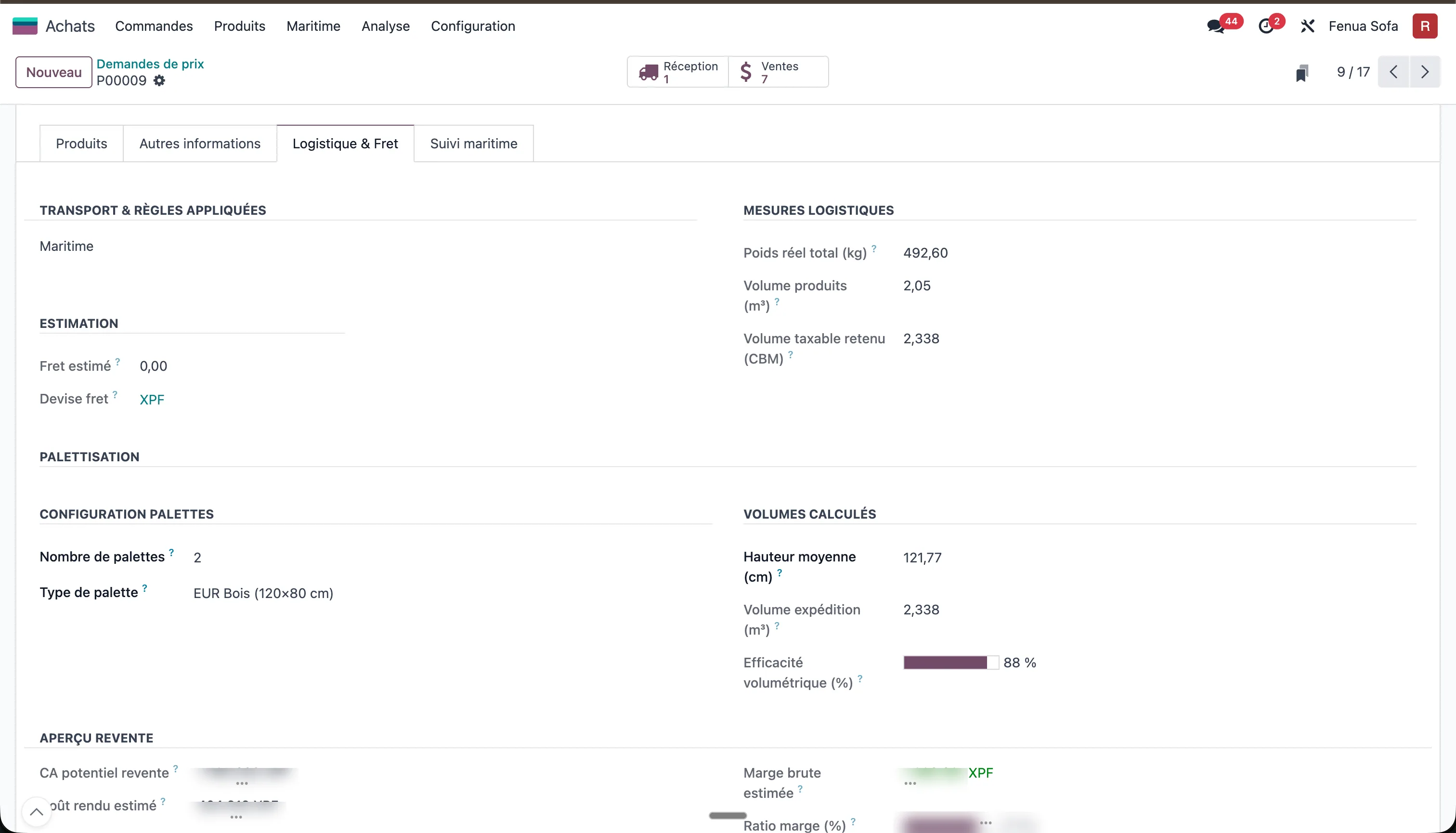 Module Achats Odoo v17 — gestion logistique, palettisation, calcul de marge automatique pour Fenua Sofa
